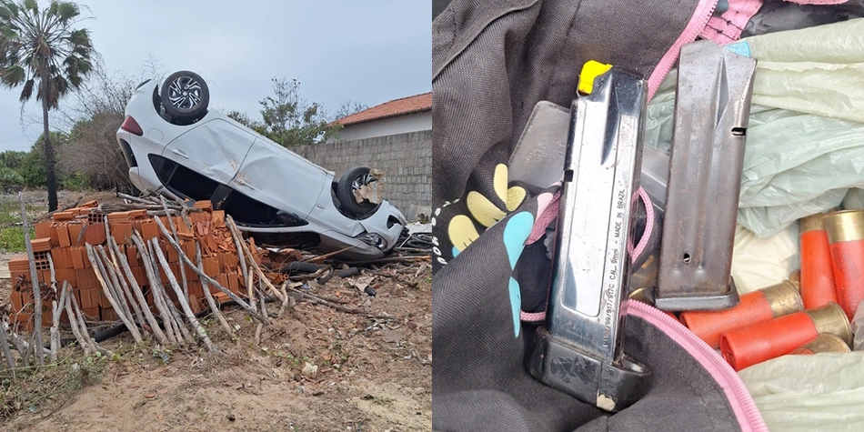 Polícia encontrou arma e munições no veículo que capotou