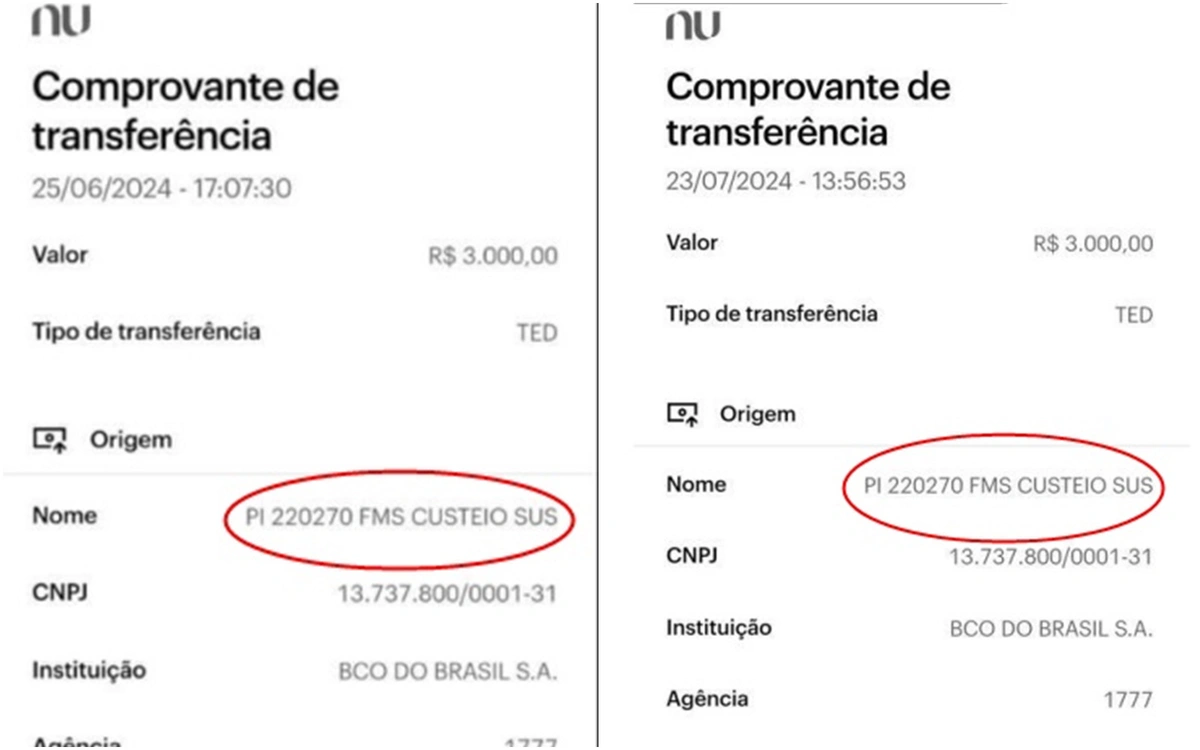 Comprovantes das transferências feitas com recursos públicos da saúde de Cocal