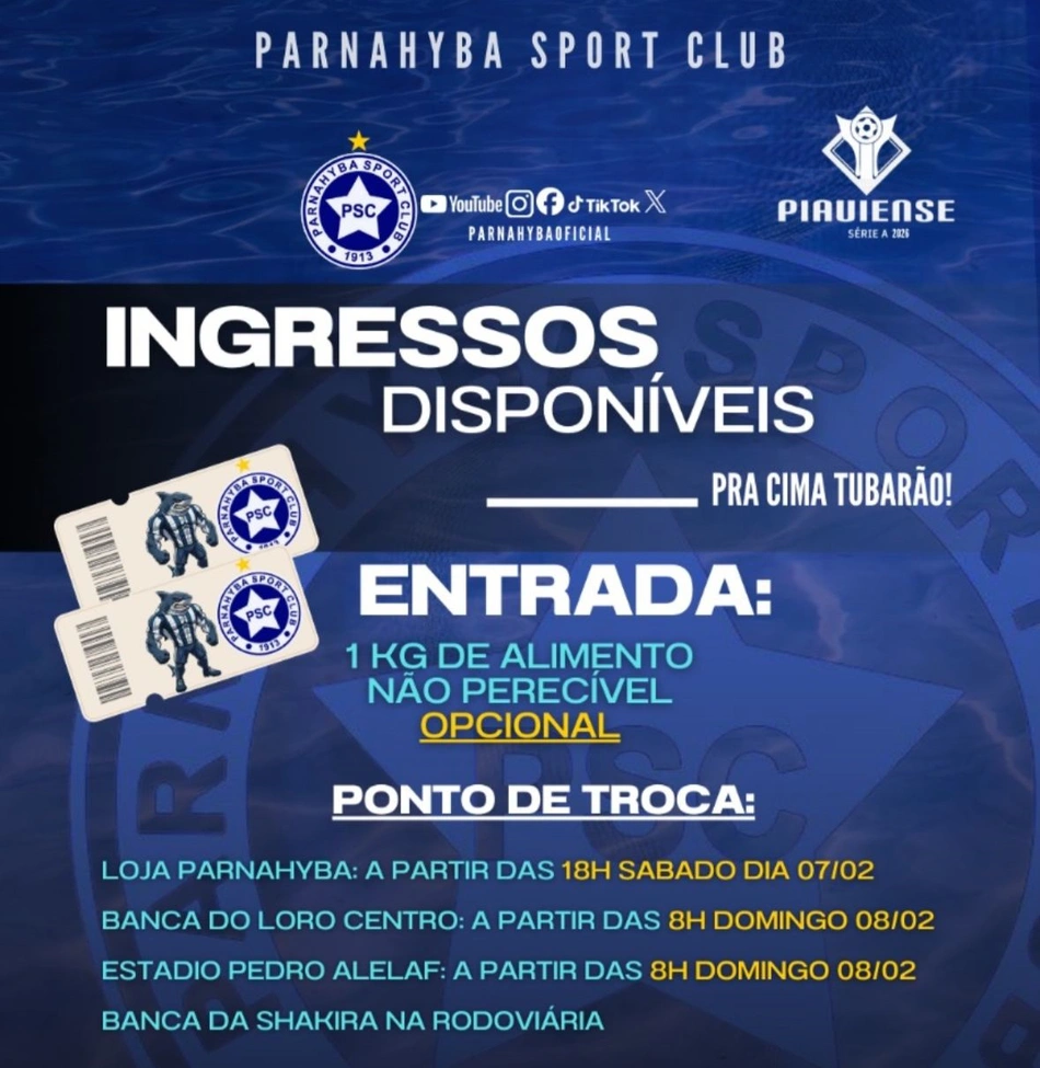Ingressos do duelo entre Parnahyba e Oeirense