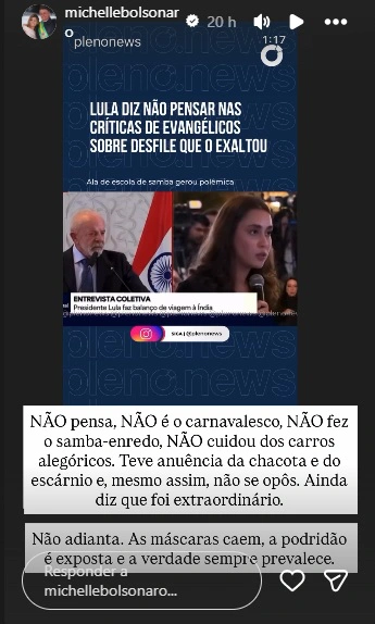 Print da postagem de Michelle Bolsonaro no Instagram