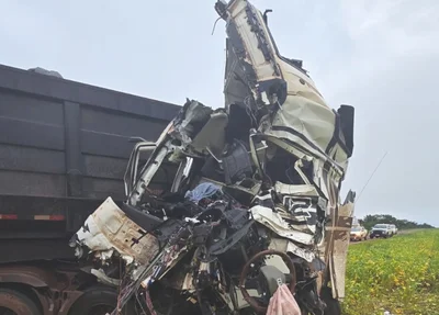 Carreta ficou com a cabine totalmente destruída após colisão na PI 392