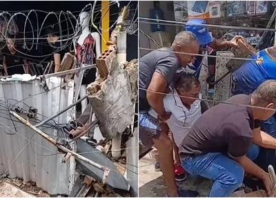 Estrutura de fachada de lojas desabam sobre homem na Avenida Principal do Dirceu