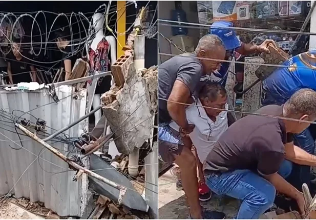 Estrutura de fachada de lojas desabam sobre homem na Avenida Principal do Dirceu