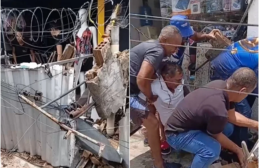 Estrutura de fachada de lojas desabam sobre homem na Avenida Principal do Dirceu