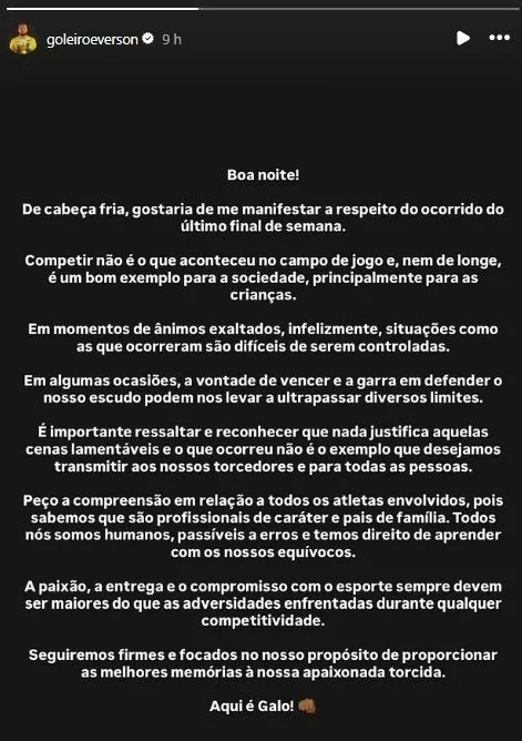 Everson se manifesta nas redes sociais após briga em jogo