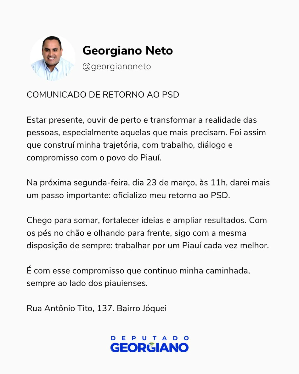 Georgiano Neto anuncia retorno ao PSD