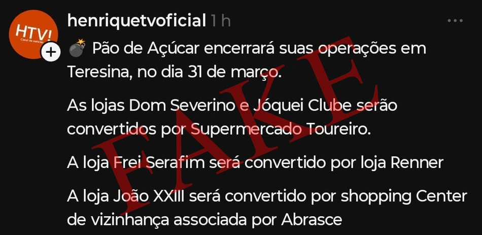 Informação dobre fechamento das lojas do Pão de Açúcar é falsa