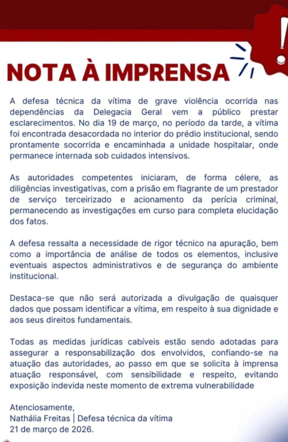 Nota da Defesa técnica da vítima na íntegra