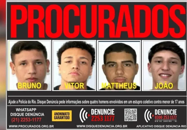 Polícia divulga a foto dos quatro jovens foragidos acusados de estuprarem adolescentes