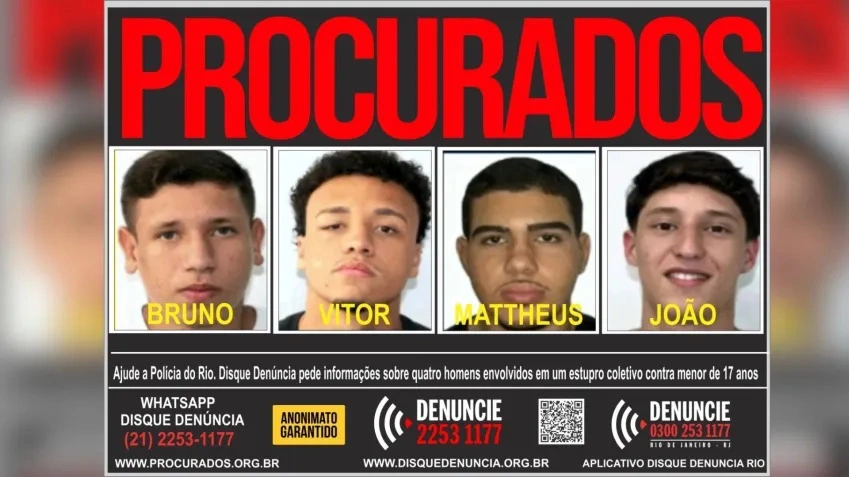 Polícia divulga a foto dos quatro jovens foragidos acusados de estuprarem adolescentes