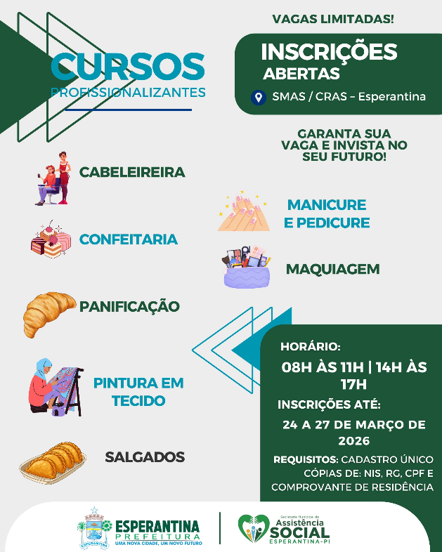 Prefeitura de Esperantina abre 280 vagas em cursos profissionalizantes