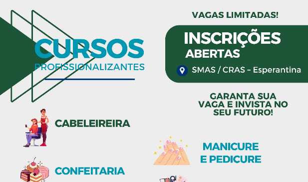 Prefeitura de Esperantina abre 280 vagas em cursos profissionalizantes