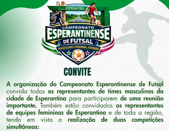 Prefeitura de Esperantina convoca representantes de times para o Campeonato Esperantinense de Futsal 2026