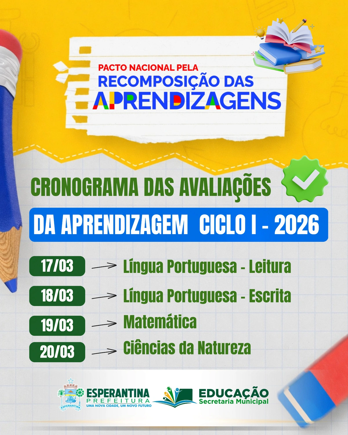 Secretaria Municipal de Educação divulga cronograma do Ciclo I de Avaliações da Aprendizagem 2026 em Esperantina