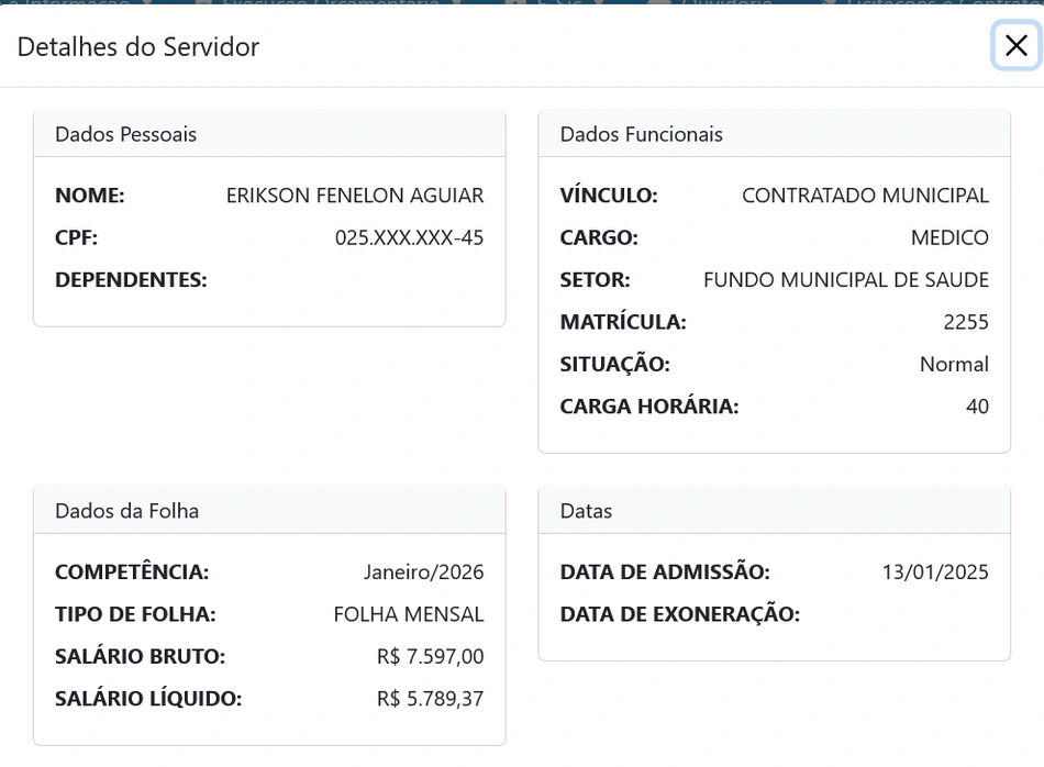 Contracheque do prefeito Erikson Fenelon na Prefeitura de São Bernardo (MA)