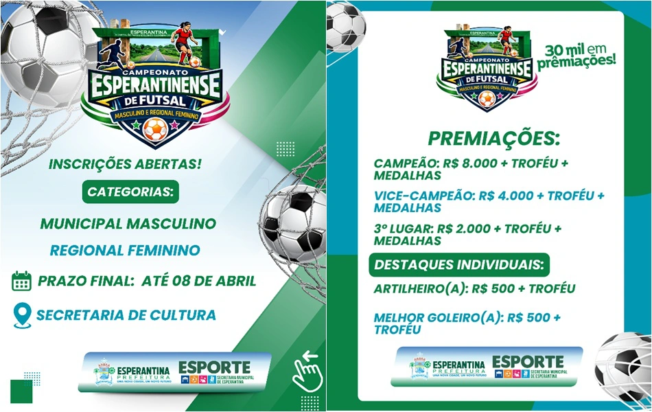 Prefeitura de Esperantina abre inscrições para o Campeonato Esperantinense de Futsal
