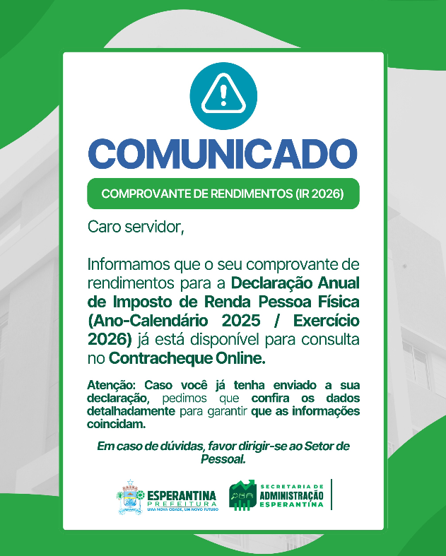 Prefeitura de Esperantina Disponibiliza Comprovante de Rendimentos para o IR 2026
