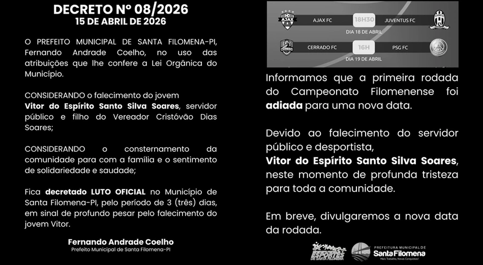 Prefeitura de Santa Filomena decretou luto