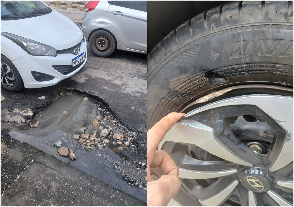 Professor rasgou o pneu do carro ao cair em buraco na Avenida Josípio Lustosa