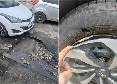 Professor rasgou o pneu do carro ao cair em buraco na Avenida Josípio Lustosa