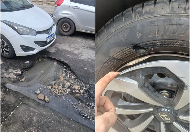 Professor rasgou o pneu do carro ao cair em buraco na Avenida Josípio Lustosa