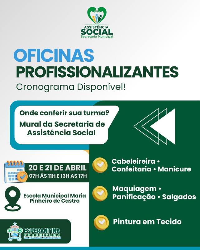 Secretaria Municipal de Assistência Social de Esperantina divulga horários e locais de cursos profissionalizantes