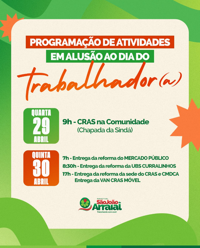 Semana do Trabalhador em São João do Arraial terá inaugurações e ações sociais