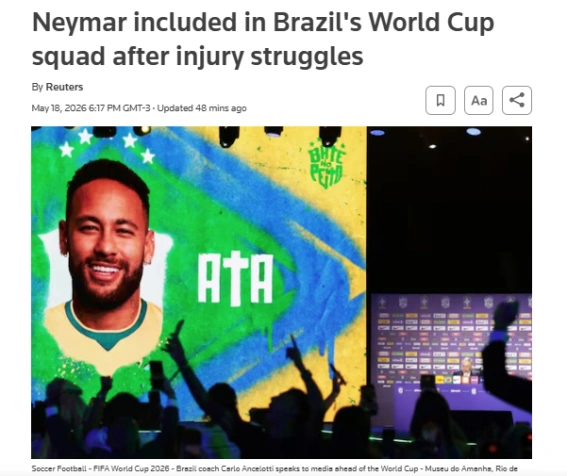 Agência de notícias Reuters repercute a convocação de Neymar para a Seleção Brasileira