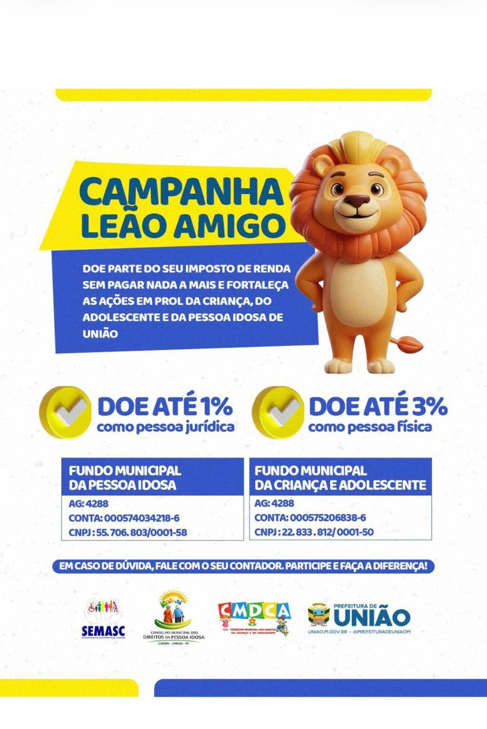 Campanha Leão Amigo: Prefeitura de União reforça importância da destinação do Imposto de Renda
