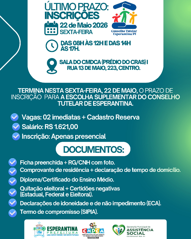 Conselho Tutelar de Esperantina-PI encerra inscrições para escolha suplementar nesta sexta-feira (22)