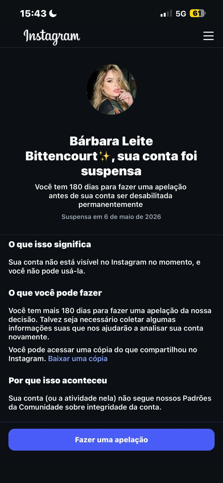 Conta do Instagram de Bárbara Leite foi derrubada