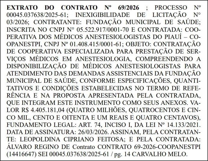 Extrato do contrato celebrado entre a FMS e a Coopanestpi