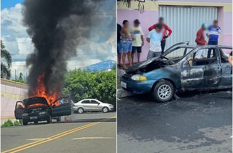 Incêndio deixou carro completamente destruído em Oeiras
