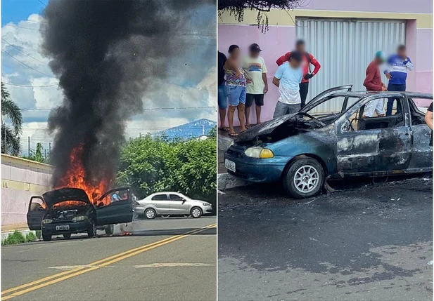 Incêndio deixou carro completamente destruído em Oeiras