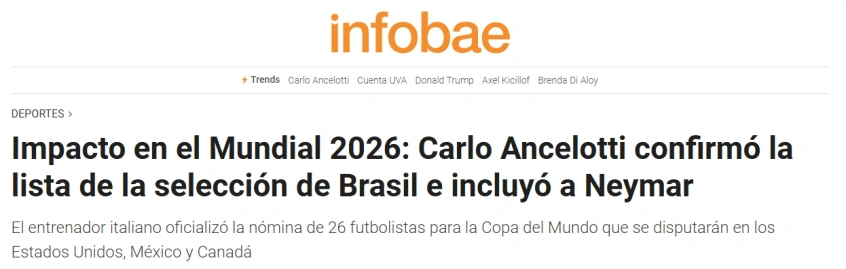 Jornal argentino Infobae repercute a convocação de Neymar para a Copa do Mundo
