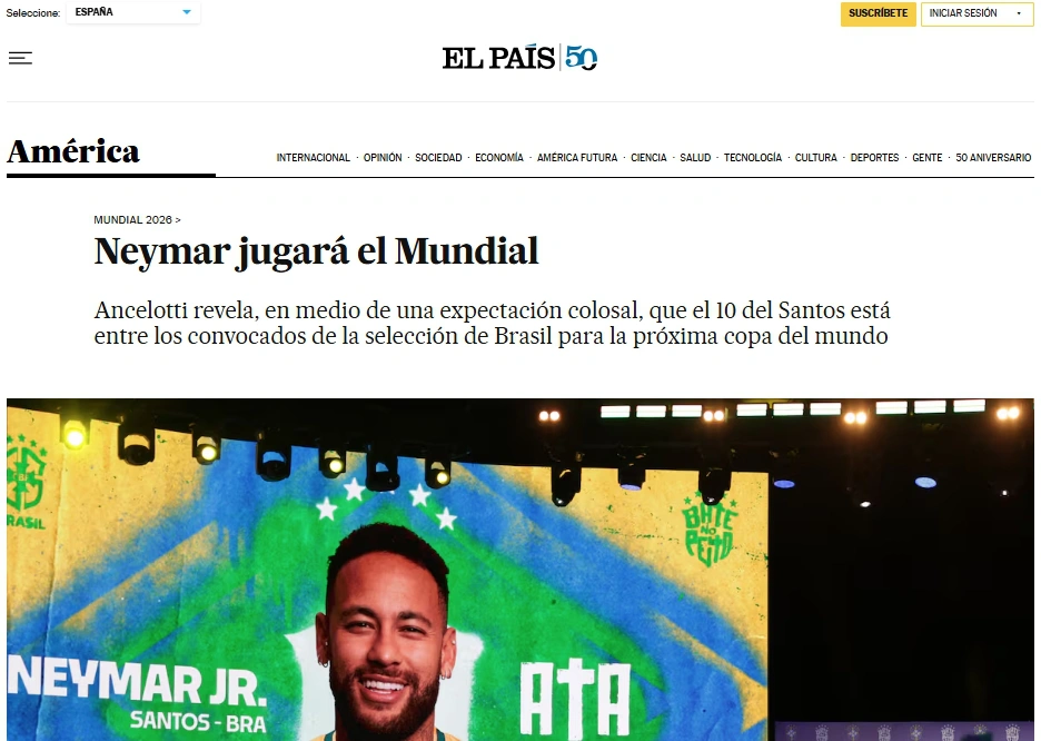 Jornal espanhol El País repercute a convocação de Neymar para a Seleção Brasileira