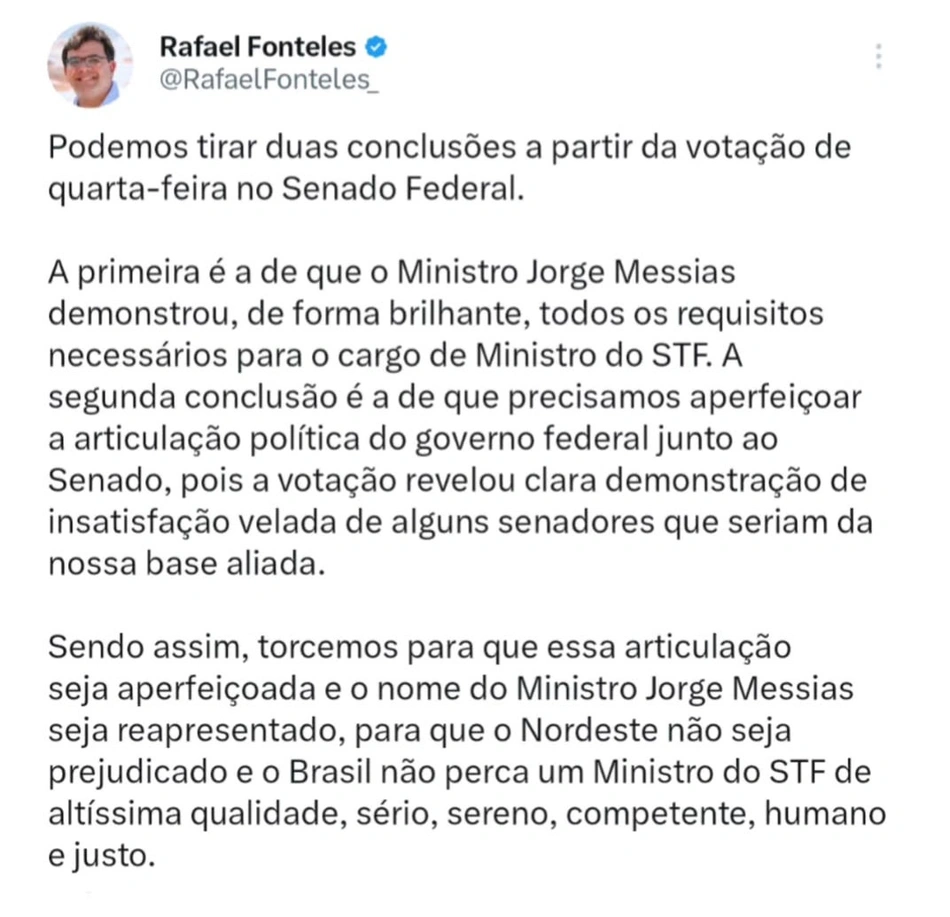 Rafael Fonteles defende reapresentação do nome de Jorge Messias