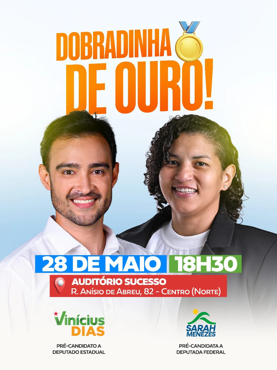 Sarah Menezes anuncia apoio a Vinícius Dias nesta quinta-feira