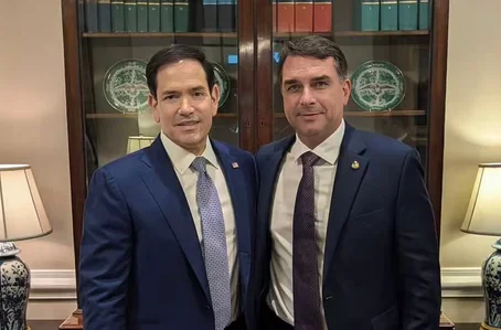Senador Flávio Bolsonaro em encontro com o secretário de Estado dos EUA, Marco Rubio