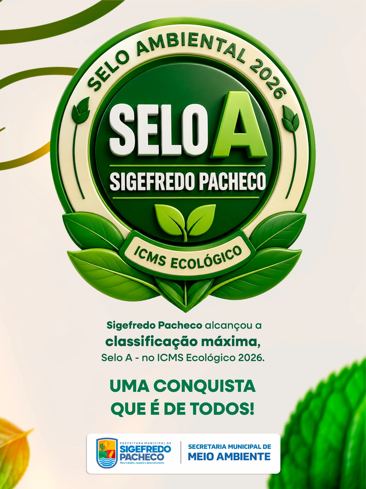 Sigefredo Pacheco conquista Selo A do ICMS Ecológico e se destaca no compromisso ambiental