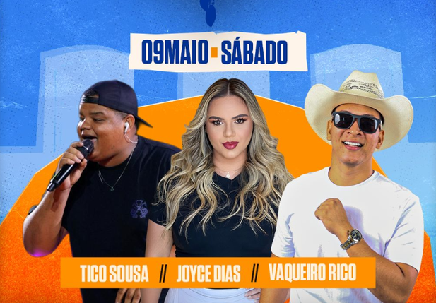 Tico Sousa, Joyce Dias e Vaqueiro Rico são confirmados para o sábado (9) nos Festejos do Paraíso 2026