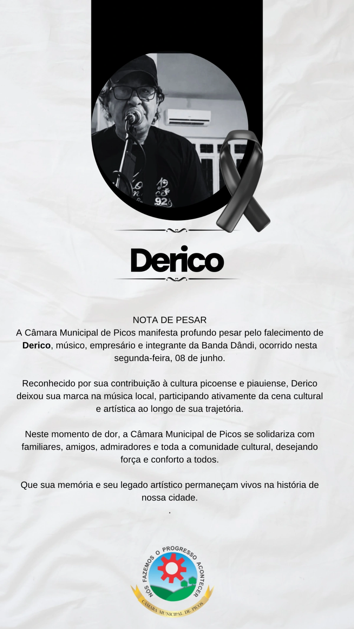 Câmara Municipal de Picos lamentou a morte de Derico Barros