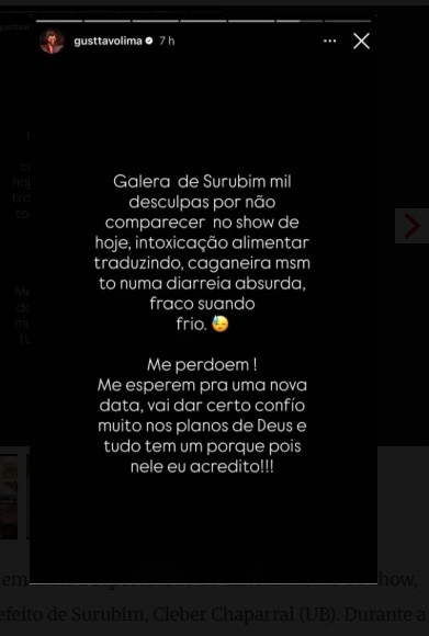 Cantor pediu desculpas ao público de Surubim, em Pernambuco, e afirmou que pretende remarcar a apresentação.