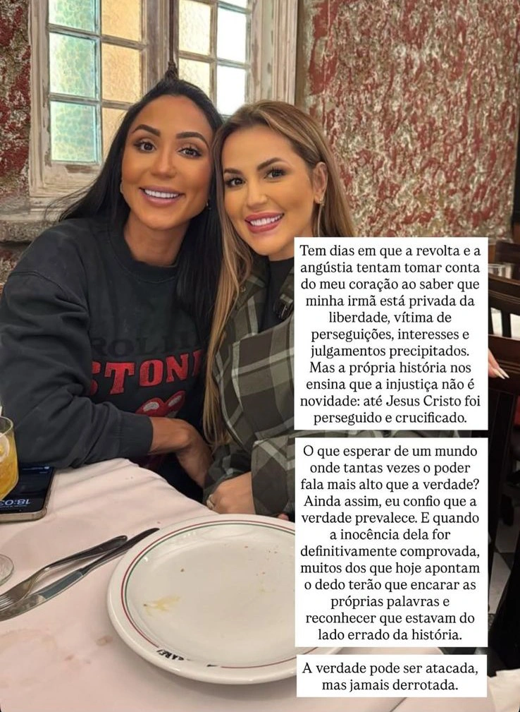 Irmã de Deolane Bezerra compara prisão da influenciadora à perseguição sofrida por Jesus Cristo.