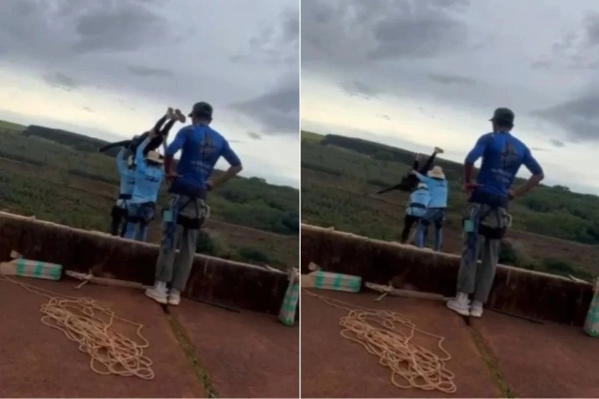Momento em que a jovem é posicionada para o salto e, segundos depois, cai sem estar presa ao sistema de cordas.