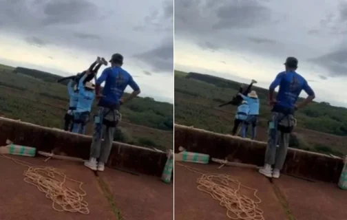 Momento em que a jovem é posicionada para o salto e, segundos depois, cai sem estar presa ao sistema de cordas.