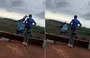 Momento em que a jovem é posicionada para o salto e, segundos depois, cai sem estar presa ao sistema de cordas.