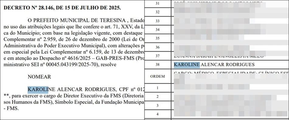 Na primeira foto, nomeação de Karoline Alencar para a Diretoria de Recursos Humanos da FMS. Na segunda foto, a nomeação dela em 38º lugar no concurso da FMS