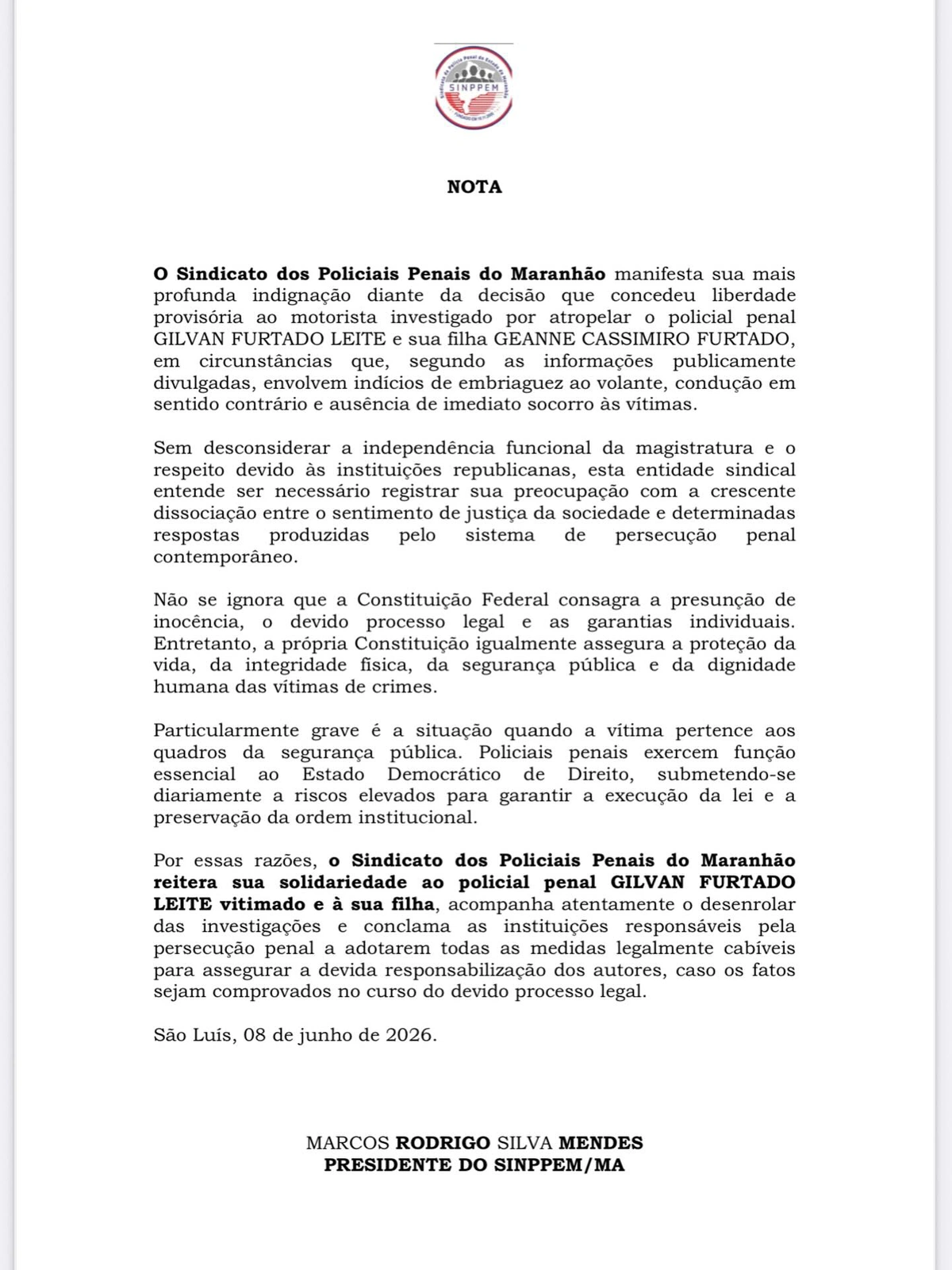 Nota do Sindicato dos Policiais Penais do Maranhão