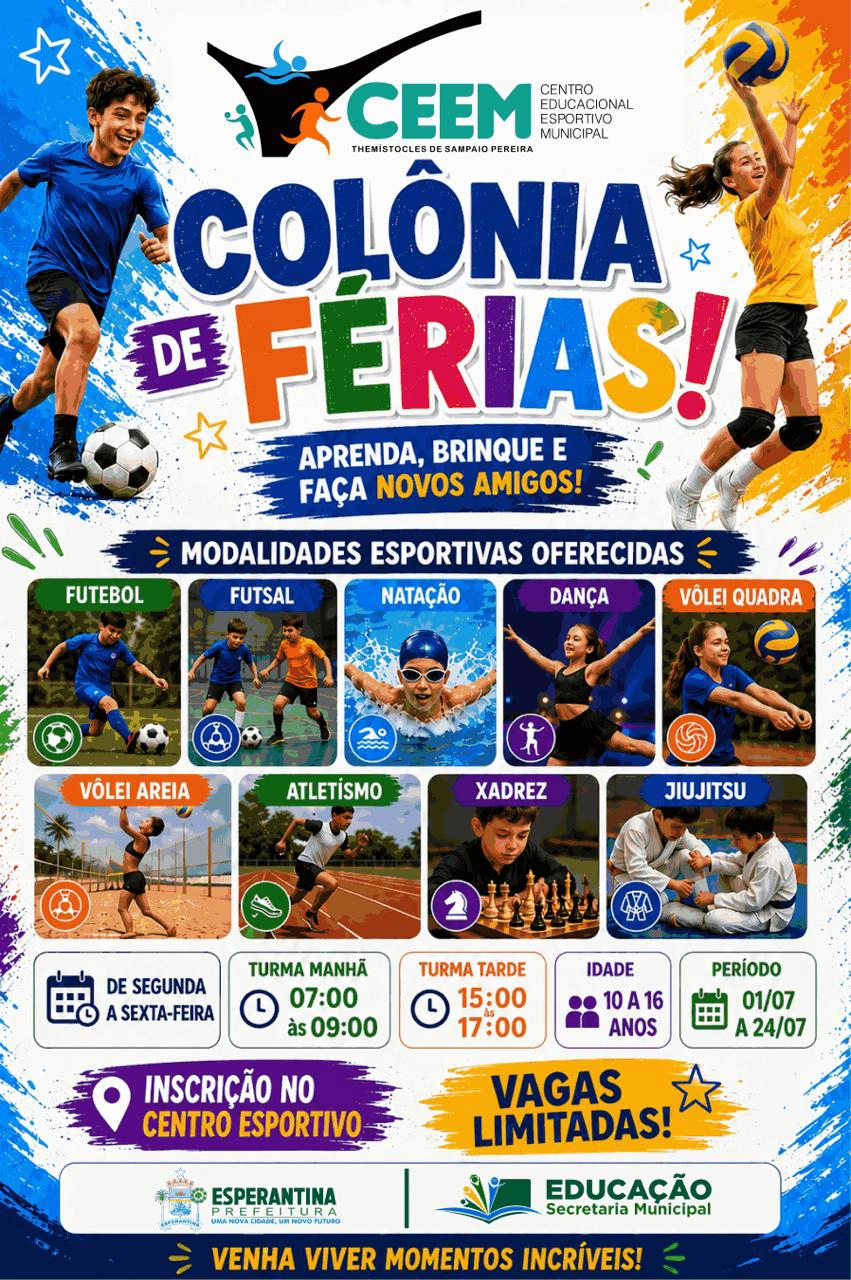 Prefeitura de Esperantina abre inscrições para Colônia de Férias no CEEM